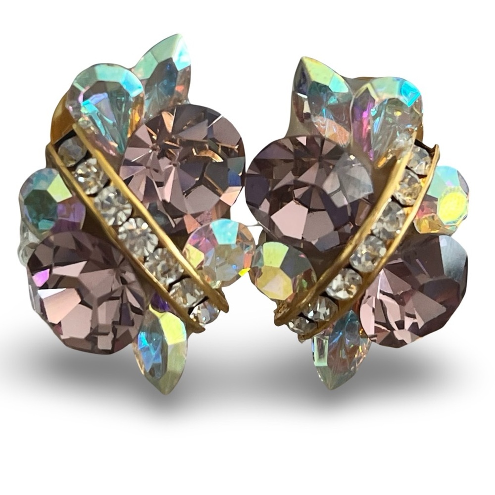 Vintage Gold and Purple Crystal Clip On Earrings